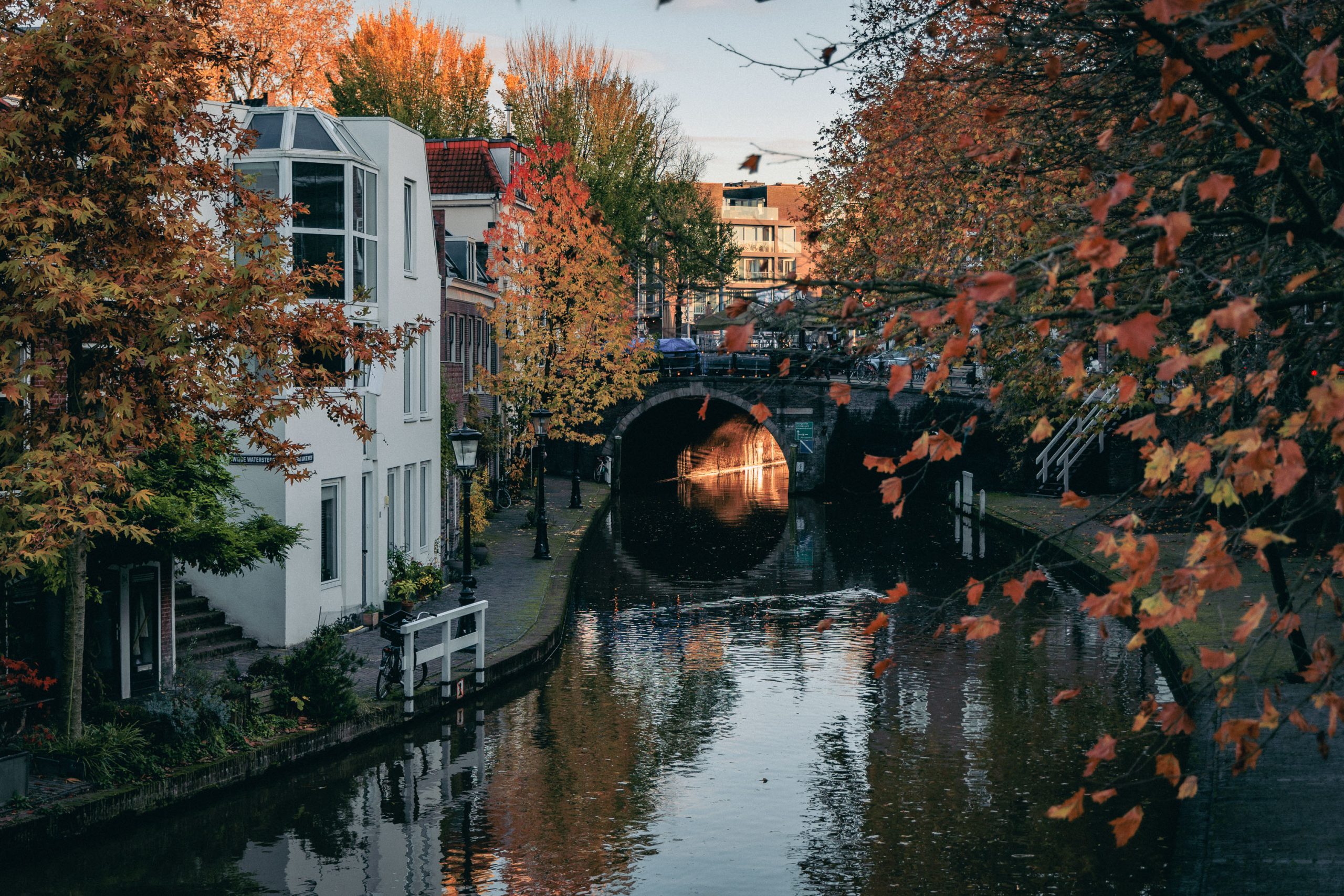Oudegracht in Utrecht met herfstbladeren